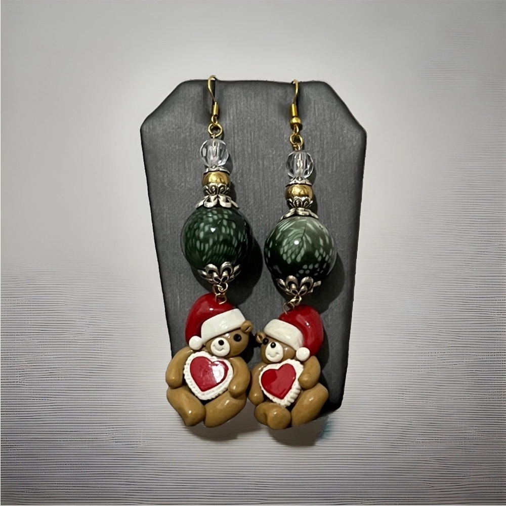 Christmas Bear Earrings Holiday Charm Green Gold Beads 18K Hooks Gifts Under $25